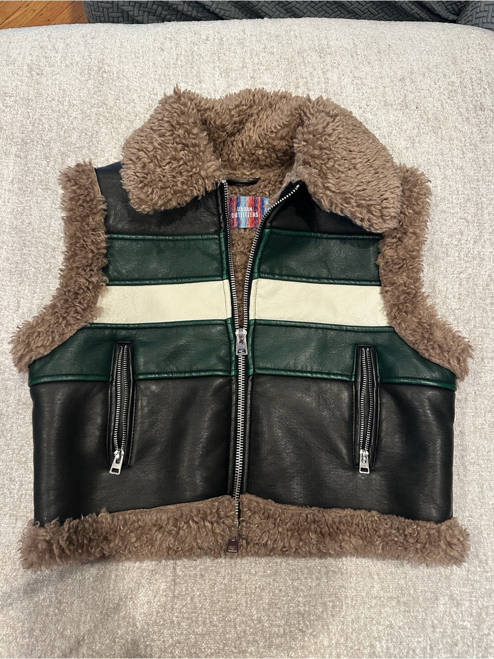 Urban Outfitters Donald Moto vest Black, Dark Green & Brown Faux Shearling Vest